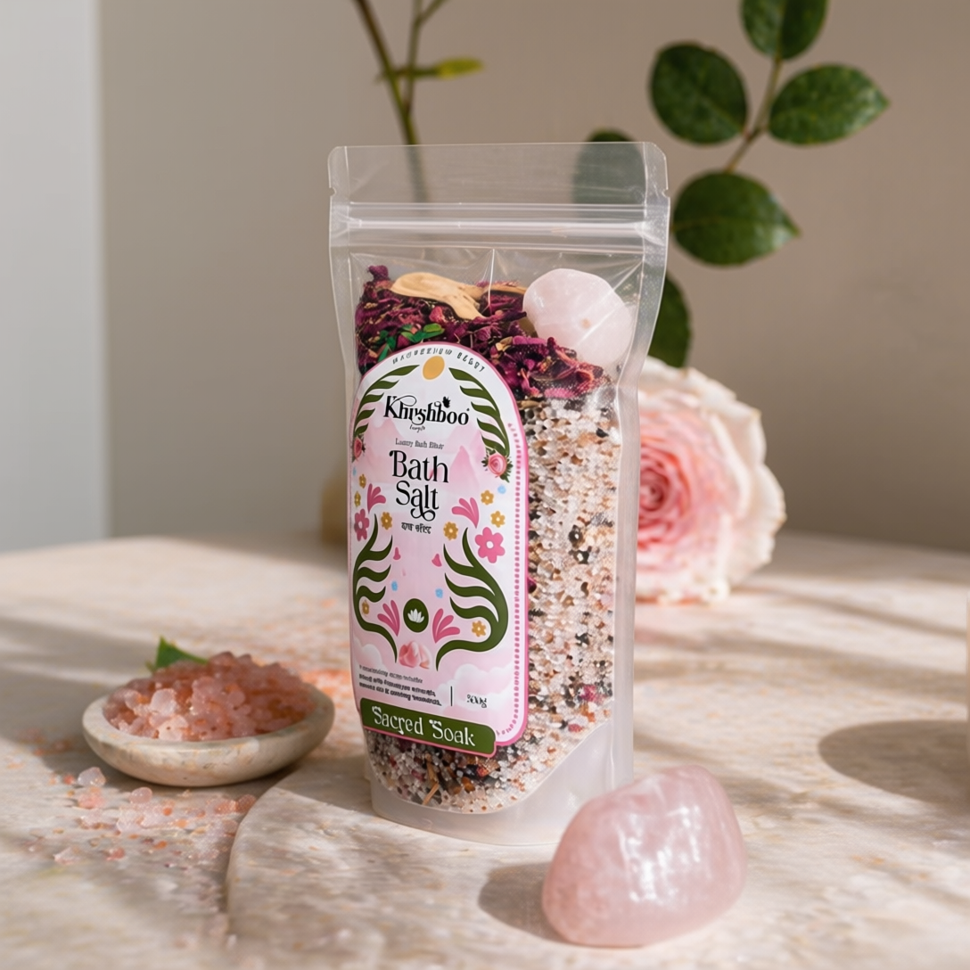 Luxury Magnesium Wellness Bath Salt 500g – Epsom Salt, Sea Salt, Natural Herbs & Vitamin E | Includes Wooden Scoop & Natural Crystal