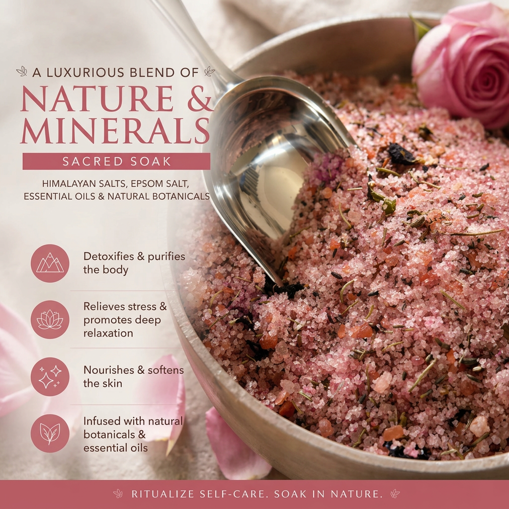 Luxury Magnesium Wellness Bath Salt 500g – Epsom Salt, Sea Salt, Natural Herbs & Vitamin E | Includes Wooden Scoop & Natural Crystal