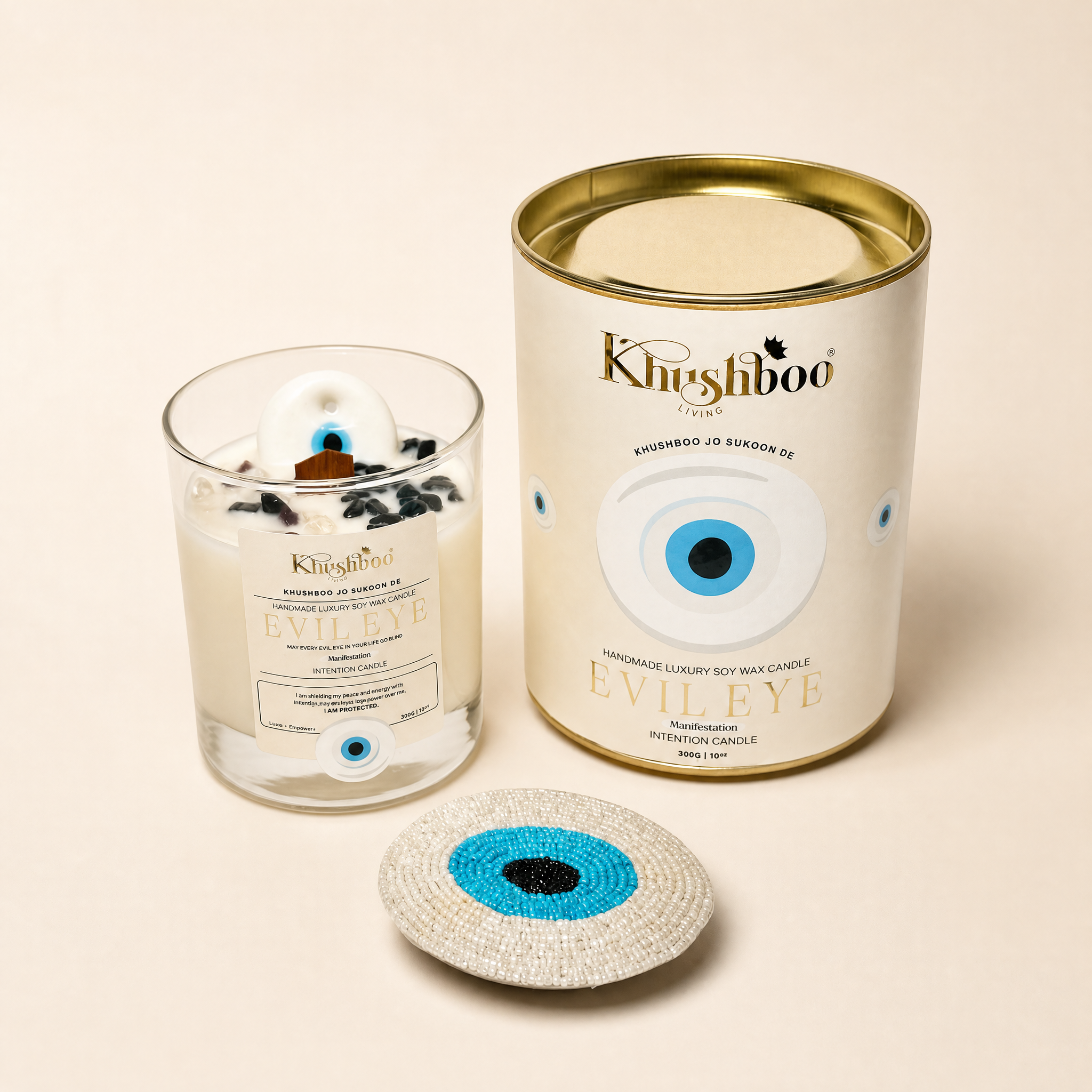 Evil Eye White Manifestation Candle with Real Gemstones & Glass Charm