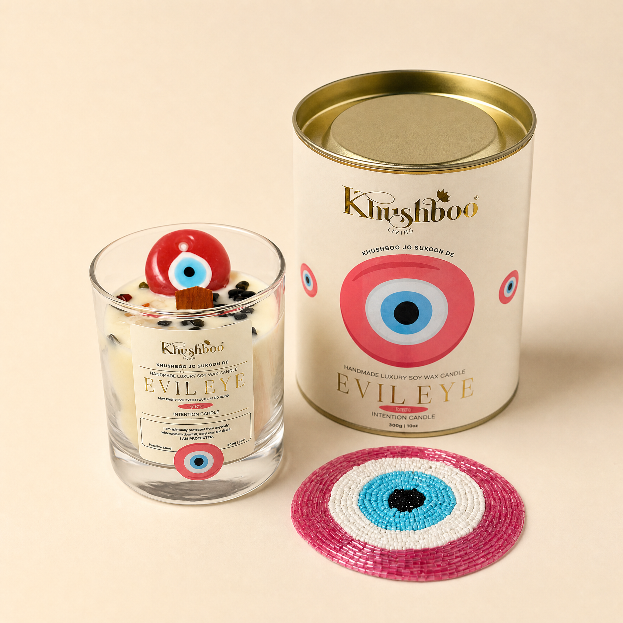 Evil Eye Pink Love Candle with Real Gemstones & Glass Charm