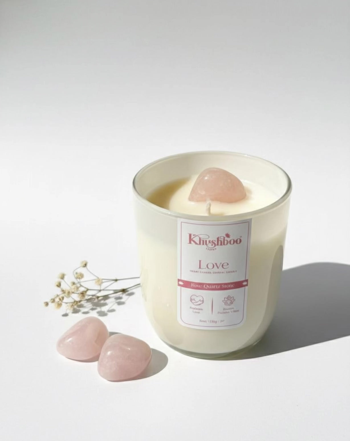 Khushboo Living Love Crystal Candle with Rose Quartz Stone, (Rose) Attracts Love & Positive Energy | 200gms
