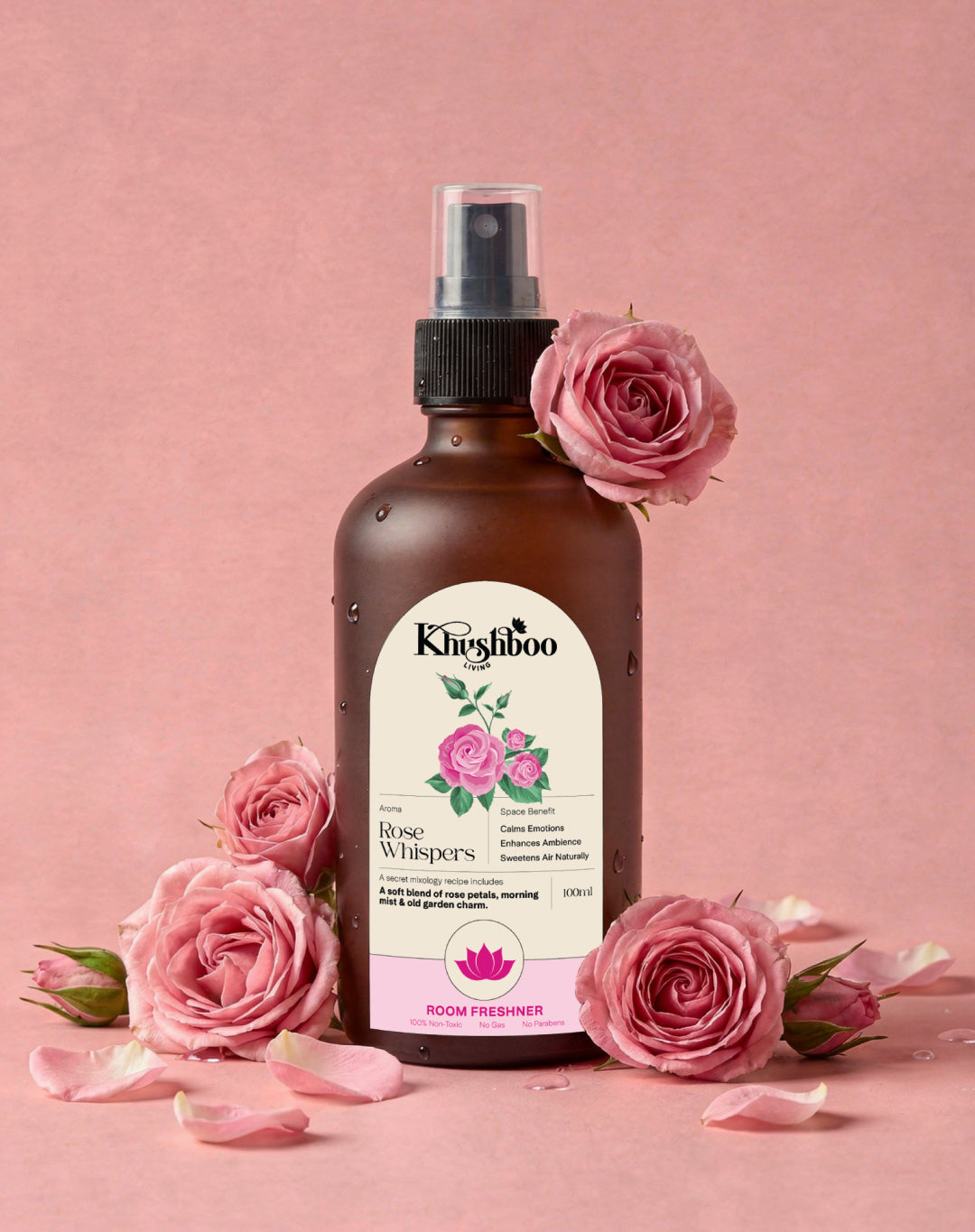 Khushboo Living Rose Whispers Luxury Room Freshener – Elegant Rose Floral Air Freshener | Long Lasting Premium Home Fragrance Spray (100ml)